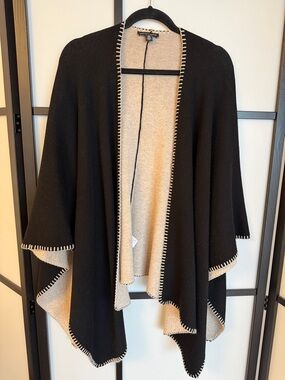 Saks Fifth Avenue Black & Cream Whipstitch Wool-Cashmere Blend Poncho Wrap